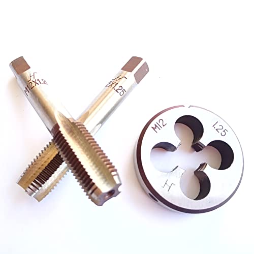 AtticZone M12 x 1.25 Metric Hand Thread Tap and Die Set, Right Hand 12 * 1.25, Alloy Tool Steel, 1 Taper Tap, 1 Plug Tap, 1 Round Die for Metal Working DIY Industrial - size: M12x1.25