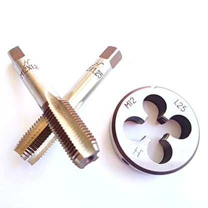 AtticZone M12 x 1.25 Metric Hand Thread Tap and Die Set, Right Hand 12 * 1.25, Alloy Tool Steel, 1 Taper Tap, 1 Plug Tap, 1 Round Die for Metal Working DIY Industrial - size: M12x1.25