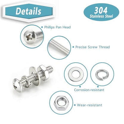 Kadrick 304 Stainless Steel Screws,920Pcs Machine Screw Assortment,#4-40#6-32#8-32#10-24 Assorted Phillips Pan Head SAE Screws Nuts & Washers Set,Bolts and Nuts Kit - size: SS #4-#10 920Pcs