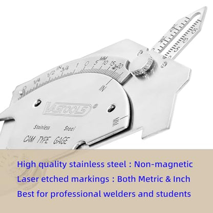 VASTOOLS Cam Weld Gauge,Stainless Steel,Metric & Inch,Linear Measurements up to 2"(50mm),Permanently Etched Markings and Thickness for Professional Welders