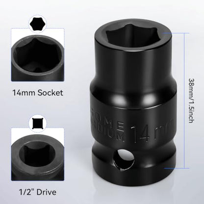 2PCS 14mm Impact Socket 1/2" Drive, 6 Point Metric Shallow Socket, CR-V Steel Heavy Duty Impact Wrench Socket for Automotive Repair - size: 14mm
