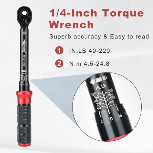 AEROFORCE 1/4-Inch Drive Click Torque Wrench (40-220 lb.in / 4.5-24.8 Nm),72 Tooth Dual Direction Reversible Ratchet with Dual Range Scales, Precision Calibrated for Bikes & DIY