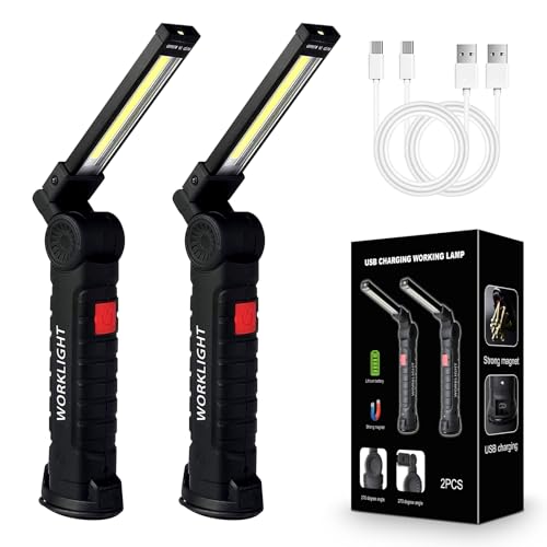2Pack LED Work Lights, USB Rechargeable COB Light with Magnetic Base 360°Rotate and 5 Modes, Folding Flashlight Inspection Mechanic Light for Car Repairing, Workshop, Household and Emergency Use,Large - color: 2Pack Black
