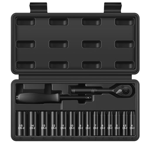 Aloanes 1/4" Drive Socket Set, 16-Piece Metric (4mm-15mm) Deep Sockets, 72-Tooth Ratchet Wrench, Drive Spinner Handle, 6 Point Design, Cr-V Steel - size: 1/4" 16 PCS Metric