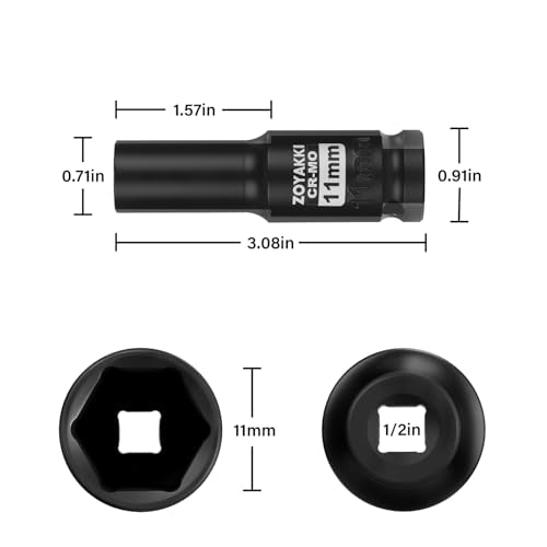 1/2" Drive 11mm Deep 6 Pt CR-MO Metric Impact Socket for Axle Nuts - size: 11mm, style: 1/2" Drive Deep