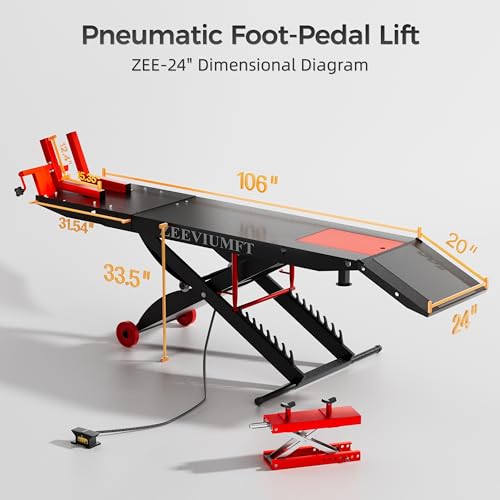 1500 LB Motorcycle Lift Table, Heavy-Duty Air/Hydraulic 24" Wide Platform, Stand-Up Ergonomic Installation, Bonus Motorcycle Jack, Fits Harley, Indian & Custom Bikes - size: 24in