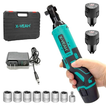 Cordless Ratchet Wrench, Electric Ratchet 3/8 Drive, Battery Ratchet Wrench Kit, 44 Ft-lbs with 2-Pack 2000mAh Batteries, Fast Charger, 7 Sockets