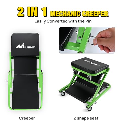 Nilight 36" Z Creeper - 2-in-1 Rolling Folding Car Seat, 36 inches Adjustable Roller Garage Chair Lay Down or Sit, 330LBS Capacity, Green Black - color: Green