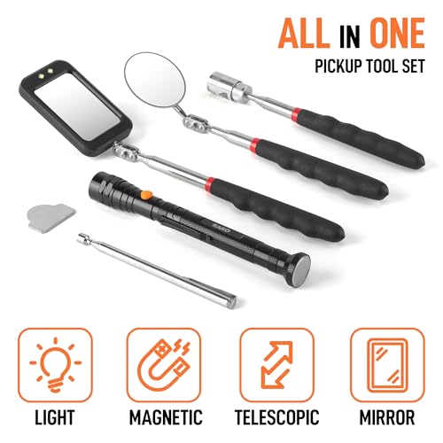 RAK Magnetic Pickup Tool Set Gifts for Men - 5Pcs with 360 Swivel Inspection Mirrors, Telescoping Magnet Pickup Tool, Flexible LED Flashlight, Mechanic Tools & Cool Gadgets for Men, Dad, Husband - style: 5 Pcs Magnetic Pickup Tool Set