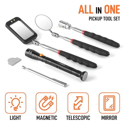 RAK Magnetic Pickup Tool Set Gifts for Men - 5Pcs with 360 Swivel Inspection Mirrors, Telescoping Magnet Pickup Tool, Flexible LED Flashlight, Mechanic Tools & Cool Gadgets for Men, Dad, Husband - style: 5 Pcs Magnetic Pickup Tool Set