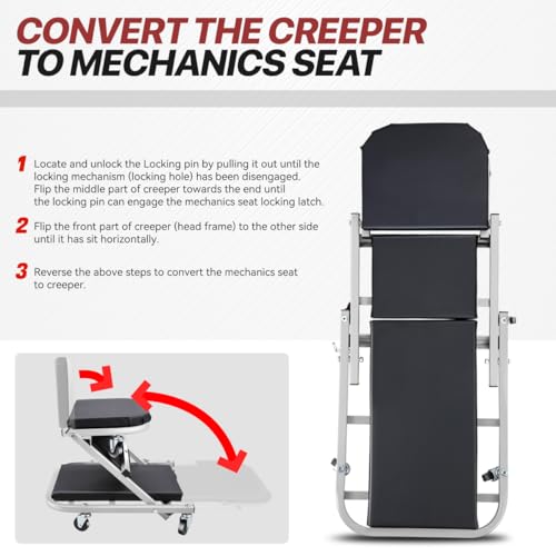 Foldable Creeper, 2-in-1 Rolling Garage Z Creeper Car & Seat, 40" Roller Mechanics Under Car Chair, 330 LBS Weight Capacity Heavy Duty, Silver/Black - color: Silver/Black, size: 40 Inch Length
