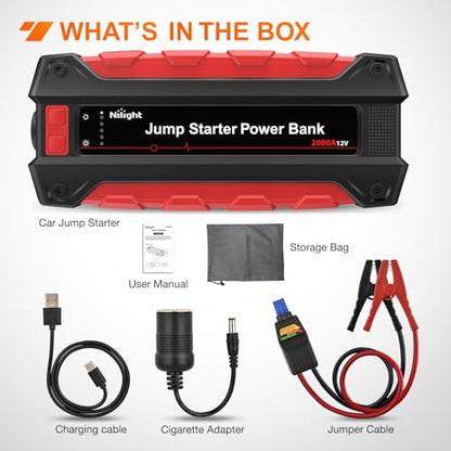 Nilight 2000A Car Battery Jump Starter for Up to 8.0L Gas & 7.0L Diesel Engines 12V Portable Jump Start Booster Pack Jump Box with Jumper Cables DC Output and LED Light - color: 2000A