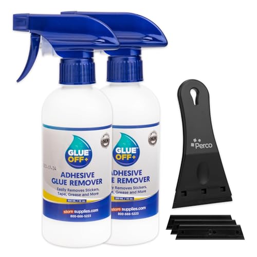 Perco Glue Off Adhesive Remover - Set of 2 10 fl. oz with Scraper | Glue Remover Spray Effortlessly Erase Adhesive Hassles & Car Stickers - for Label Sticker Residue - size: 10 Fl Oz (Pack of 2)
