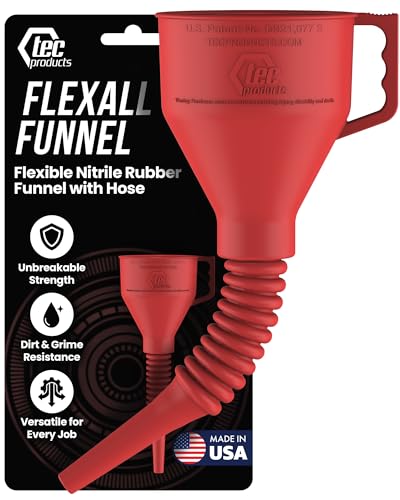 TEC Products FlexAll Long Flexible Funnels - Automotive Oil Funnel with Hose, Durable Nitrile Rubber for Oil Change, Transmission Funnel Fluid, Diesel, Fuel, Gas - Made in USA - Red (12 x 4 Inches) - color: Red, size: Small