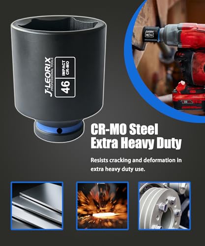 1/2" Drive 46mm Deep Impact Socket, 6-Point CR-MO Steel | CR-MO steel impact socket set. 1/2" drive, 6-point design. Deep reach for lug nuts & axle nuts. - size: 46mm