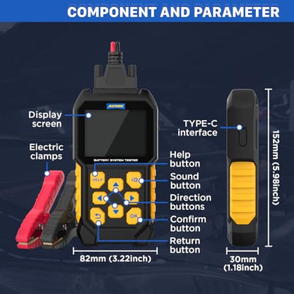 AUTOOL Car Battery Tester 12V 24V 30-2000 CCA Cranking Charging Load Test | Battery Load Tester Automotive Battery Analyzer, Color Screen Data Review Reverse Polarity Protection