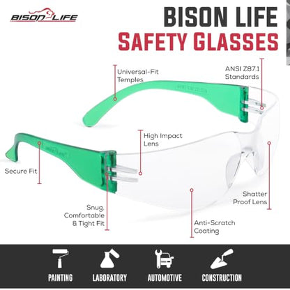 BISON LIFE Clear Safety Glasses – ANSI Z87.1 Certified Scratch & Impact Resistant Eye Protection Goggles for Men & Women - color: Clear/Green