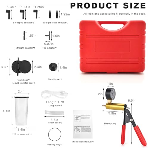 Hand Held Vacuum Pump Brake Bleeder Kit, Brake Clutch Fluid Bleeder Vacuum Pump Pressure Tester with Gauge Adapters, Automotive Brake Fluid Bleeding Set with Protected Case