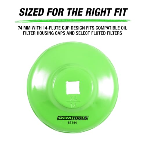 OEMTOOLS 74mm 14 Flute Oil Filter Wrench, Green, Blend | 74 mm 14 Flute Oil Filter Wrench, Fits 3/8" Ratchet, Non-Slip Grip, Rust-Resistant - style: 74 mm 14 Flute