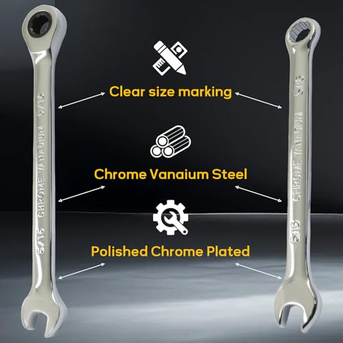 5/16 Inch Ratcheting Wrench 2 Pcs 72-Tooth 12-Point Chrome Plated | Forged 45# Carbon Steel Durable, 5-Degree Arc For Tight Spaces, 12-Point Protects Fasteners, Polished Chrome Anti-Rust - size: 5/16 Inch