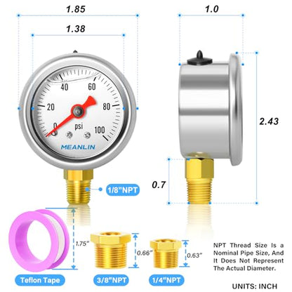 MEANLIN MEASURE 0~100Psi Stainless Steel 1/8" NPT 1.5" FACE DIAL, Glycerin Filled Pressure Gauge, Liquid Filled, Water Oil Air, Lower Mount, with 1/4" NPT and 3/8" NPT Hex Bushing - size: 0-100Psi