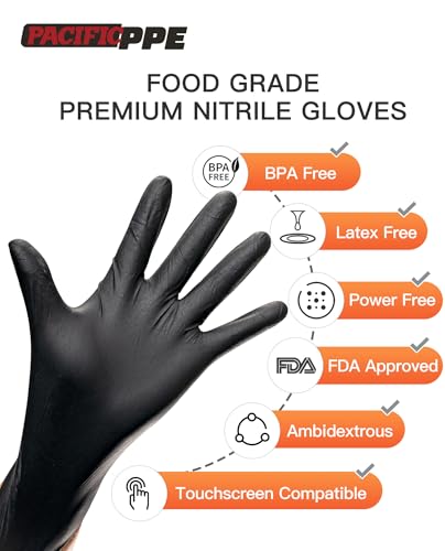 PACIFIC PPE 6-mil Heavy Duty Black Nitrile Gloves, Chemical Resistant, Food Safe, Latex Free Disposable Gloves for Mechanic, Cooking, and Cleaning, 100PCs, XL - size: X-Large(Pack of 100)