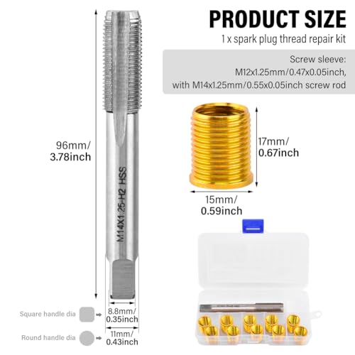 NINEFOX Spark Plug Thread Repair Kit Insert and Tap Set M12x1.25 | 11 piece spark plug rethreading kit with 10 inserts and 1 tap for cylinder head thread repair on cars, trucks, and generators - size: M12x1.25