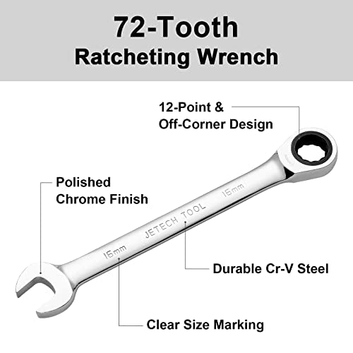 Jetech 16mm Ratchet Wrench, Ratcheting Combination Wrench Metric, Industrial Grade Gear Spanner with 12-Point Design, 72-Tooth Ratchet, Chrome Vanadium Steel for Auto & DIY Repair - size: 16mm