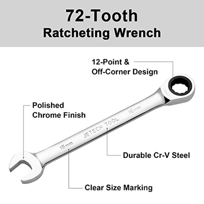 Jetech 16mm Ratchet Wrench, Ratcheting Combination Wrench Metric, Industrial Grade Gear Spanner with 12-Point Design, 72-Tooth Ratchet, Chrome Vanadium Steel for Auto & DIY Repair - size: 16mm