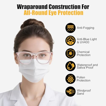 KeeiZoes Safety Glasses Anti Fog Goggles For Women, Nurses Protective Eyewear Blue Light & UV Blocking Eye Protection Glasses - color: Black + Black Leopard + Blue + Clear