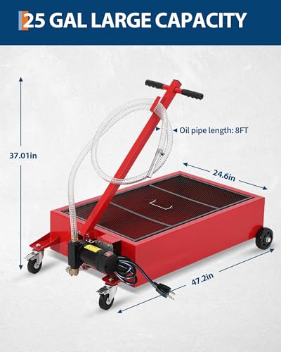GarveeTech Low Profile Oil Drain Pan 110V | 25 Gal Metal Oil Change Pan Large Capacity with 180W Electric Pump, 8 ft Hose & Folding Handle for Cars, SUVs, Trucks, Buses - size: 25GAL-110V