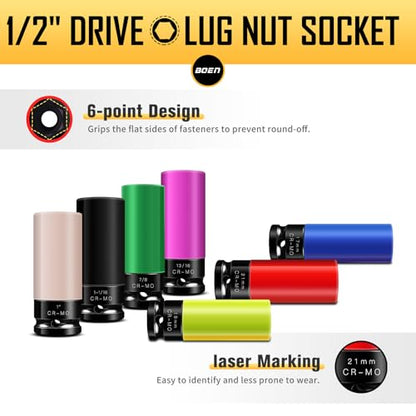 BOEN 1/2" Drive Impact Lug Nut Socket, 7 Pieces Non-Marring Wheel Protector Thin Wall Deep Socket Set, Metric 17 19 21 mm | SAE 13/16 7/8 1 1-1/16 inch, 6 Point Design, Color-Coded, CR-MO Steel - size: 7-Piece Metric/SAE