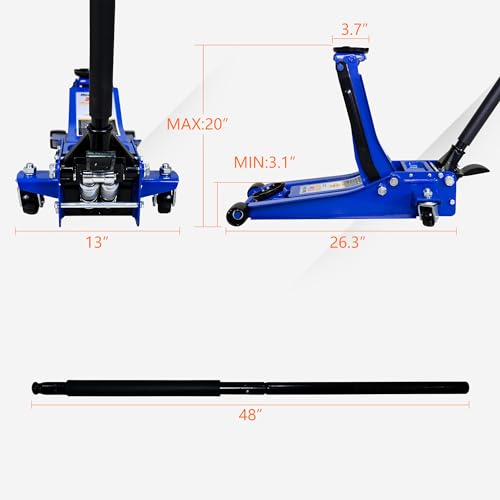 Floor Jack 3Ton/6600lbs.Dual Piston Fast Lifting Pump.Ultra Low Profile Floor Jack with Foot Pedal,Lifting Range 3.1"-20".Heavy Duty Hydraulic Racing Car Jack for MVPs,SUVs and Trucks.Trolley Jack - size: 3ton（3.1"-20"）with Foot Pedal