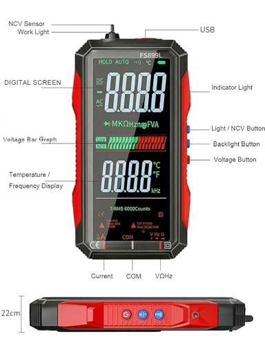 Rechargeable Digital Multimeter 6000 Counts True RMS Smart Tester with 5-Inch Screen, Auto-Range, NCV Detection, Capacitance & Temperature for Home Automotive Industrial Electrical Repairs (Red)