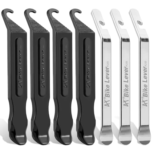 Bike Tire Levers - Ultra Strong PC Plastic Bicycle Tire Removal Changing Tool and Stainless Steel Levers for Road or Mountain Bike Tires - Set of 7 - color: Black*4 and Silver*3