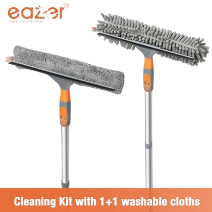 Eazer Window Squeegee Cleaner Tool, 2-in-1 Window Cleaning Kit with 62'' Extension Pole, Window Washer Equipment for Cars, Indoor & Outdoor Glass - Includes 2 Microfiber Cloths - size: 62inch