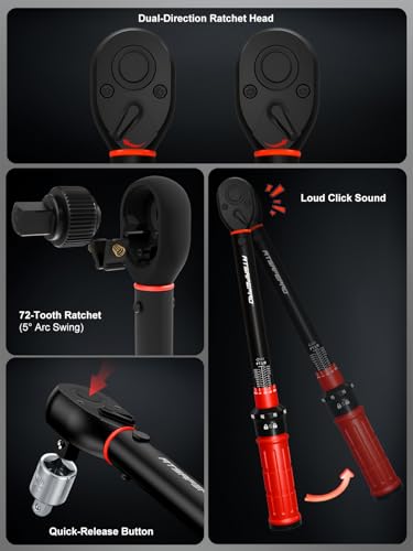 ATsafepro 1/2 Inch Drive Click Torque Wrench, 10-170 ft.lb/13.60-230.5Nm, ±3% High Precision, Dual-Direction Adjustable 72 Tooth Click Torque Wrench 1/2 Drive for Motorcycle, Car Lug Nut Maintenance - style: 1/2" 10~170 FT.LB Torque Wrench