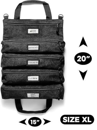 Official Voyager Tool Roll Bag, 5-Pocket 20 x 15 in, Black, Made in USA | Easy to Carry Roll Up Tool Bag, 20oz Canvas, Rust-Proof YKK Zippers, Secure Buckle, Durable Gift for Electricians, Mechanics - color: Black, size: Voyager - Extra Large (20 x 15 in)