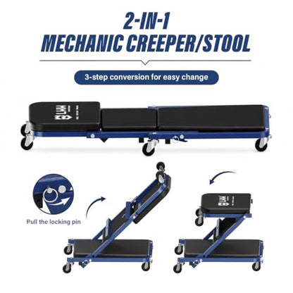 LWW 36" Mechanic Creeper,2-in-1 Foldable Z,300 LBS Capacity | 2-Inch Swivel Caster Wheels,Low Profile,for Under-Car Inspection/Maintenance,Matte Blue
