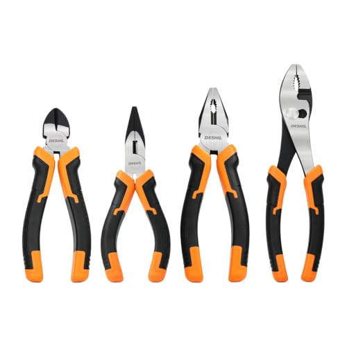 DESHIL 4-Piece Carbon Steel Pliers Set, 8-Inch Slip-Joint, 7-Inch Lineman's, 6-Inch Needle-Nose and 6-Inch Diagonal-Cutting Pliers with Non-Slip Handles for DIY, Automotive and Home Repairs