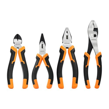 DESHIL 4-Piece Carbon Steel Pliers Set, 8-Inch Slip-Joint, 7-Inch Lineman's, 6-Inch Needle-Nose and 6-Inch Diagonal-Cutting Pliers with Non-Slip Handles for DIY, Automotive and Home Repairs