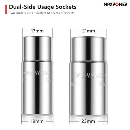 MAXPOWER Lug Wrench, Tire Wrench With 1/2-Inch Drive and 2PCS Standard Sockets (17 mm/19 mm, 21 mm/23 mm), Detachable Rapid Cross Lug Nut Wrench With Storage Box