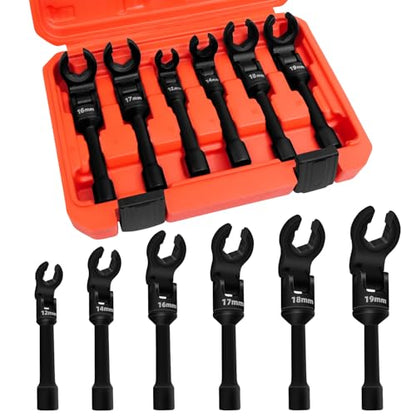 6PCS 3/8" Drive Long Flex Head Injector Fuel Line Socket Wrench Set, Crowfoot Flare Nut Socket Wrench Metric 12mm 14mm 16mm 17mm 18mm 19mm Hydraulic Lines Nuts Bolts Hand Removal Tool - size: 6Pcs Long Flex Head Socket (Red)