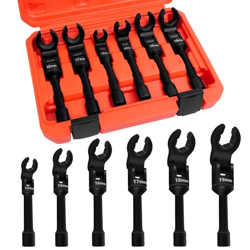 6PCS 3/8" Drive Long Flex Head Injector Fuel Line Socket Wrench Set, Crowfoot Flare Nut Socket Wrench Metric 12mm 14mm 16mm 17mm 18mm 19mm Hydraulic Lines Nuts Bolts Hand Removal Tool - size: 6Pcs Long Flex Head Socket (Red)
