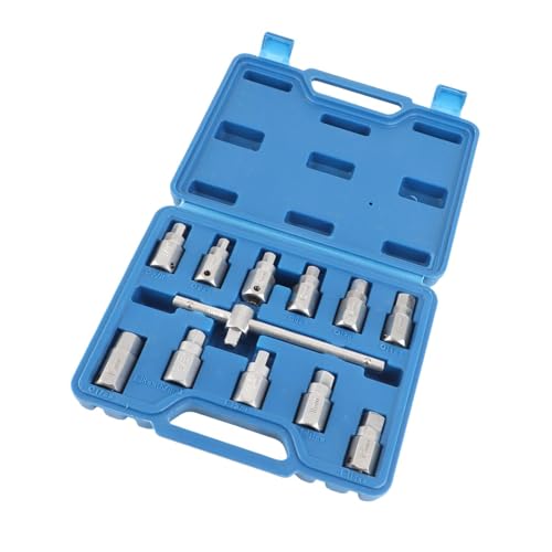 12-Piece Drain Plug Key Socket Set – Steel Axle Oil Sump Spanner Wrench with T-Bar and Multiple Hex Sizes for Engine, Gearbox, and Rear Axle Oil Drain Plug Removal