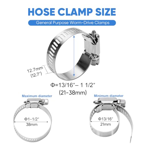 TICONN 12PCS Hose Clamp Set - 13/16''–1 1/2'' 304 Stainless Steel Worm Gear Hose Clamps for Pipe, Intercooler, Plumbing, Tube and Fuel Line (21–38 mm) - size: SAE #12 12PCS 13/16''~1-1/2"