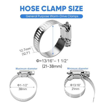TICONN 12PCS Hose Clamp Set - 13/16''–1 1/2'' 304 Stainless Steel Worm Gear Hose Clamps for Pipe, Intercooler, Plumbing, Tube and Fuel Line (21–38 mm) - size: SAE #12 12PCS 13/16''~1-1/2"