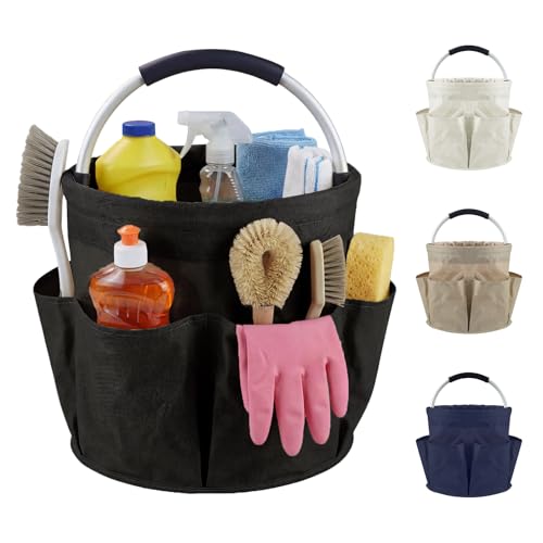 Cleaning Caddy with Handle and 6 Pockets, 17L Cleaning Supplies Organizer, 600D Oxford Fabric Storage Basket, Multifunctional Bucket Bag for Picnics, Camping, Gardening, Bathing (Black) - color: Black