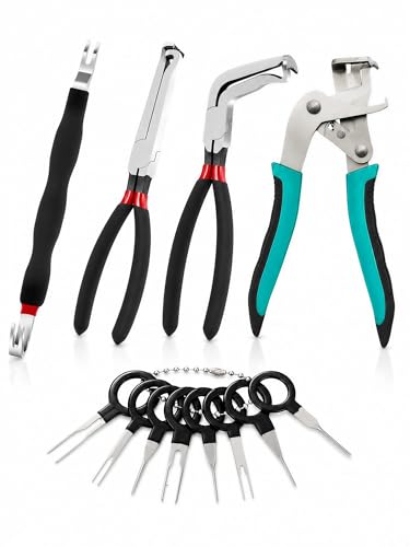 Electrical Disconnect Pliers and Car Clip Removal Tool Set | 4 automotive disconnect and clip tools plus 8 terminal release pins for wiring connectors, trim clips and fastener removal