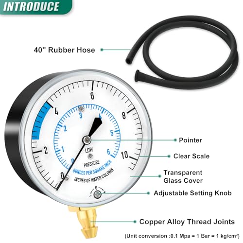 0-10" W.C Natural Gas or LP Gas Manifold Pressure Test Kit, with 40" Feet Hose, 1/8" NPT Fitting, Barbed Connection and Hex Bushing, for Kitchen and Industrial Equipment - size: 0-10" W.C